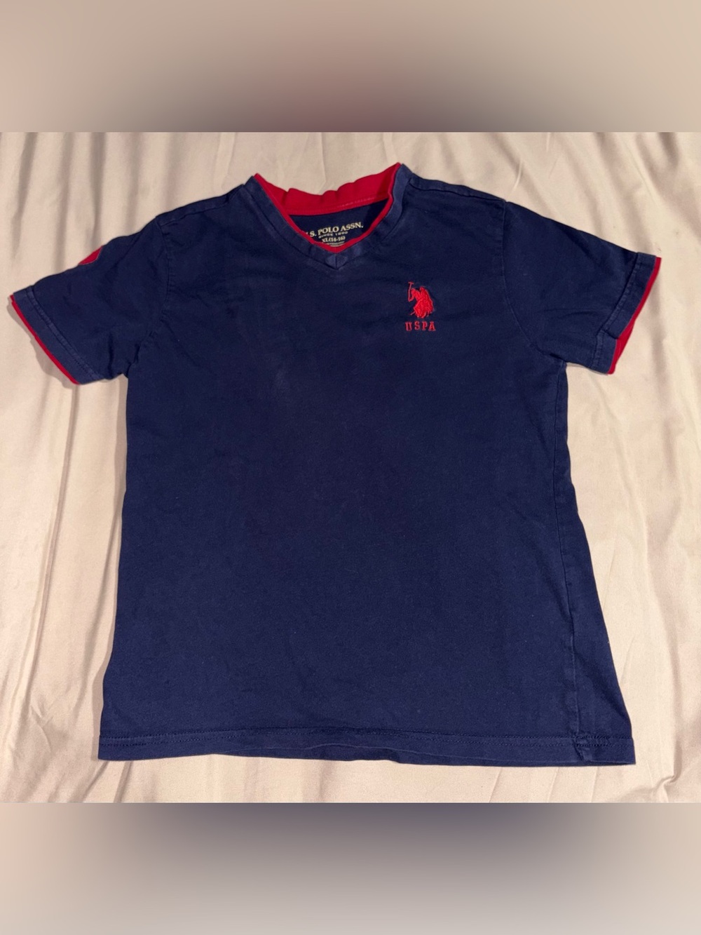 U.S. Polo Assn. Boys Navy V-Neck T-Shirt Red Pony Logo Sleeve #3 Size XL (14-16)